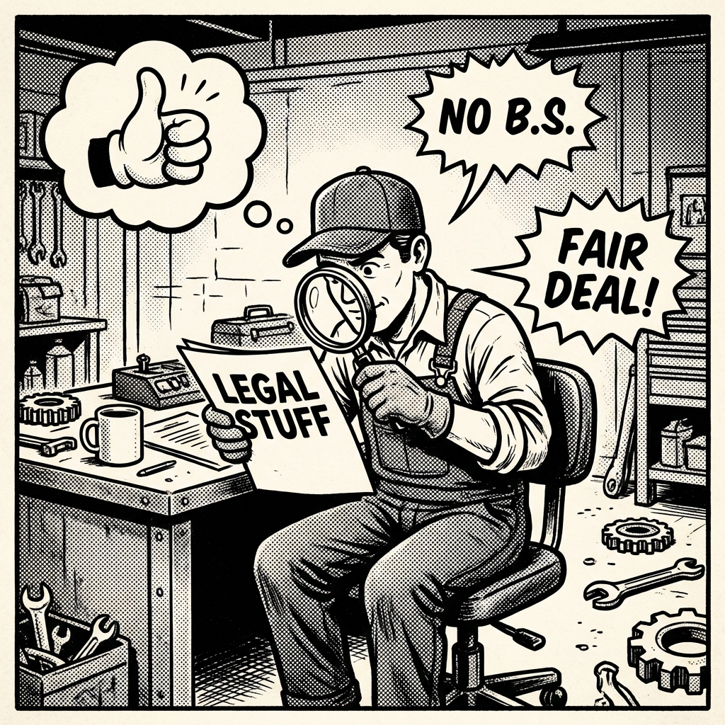Mechanic reading legal documents - No B.S., Fair Deal!