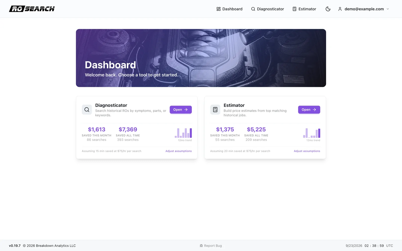 RO Search dashboard with Diagnosticator and Estimator tiles showing $1,613 and $1,375 saved this month