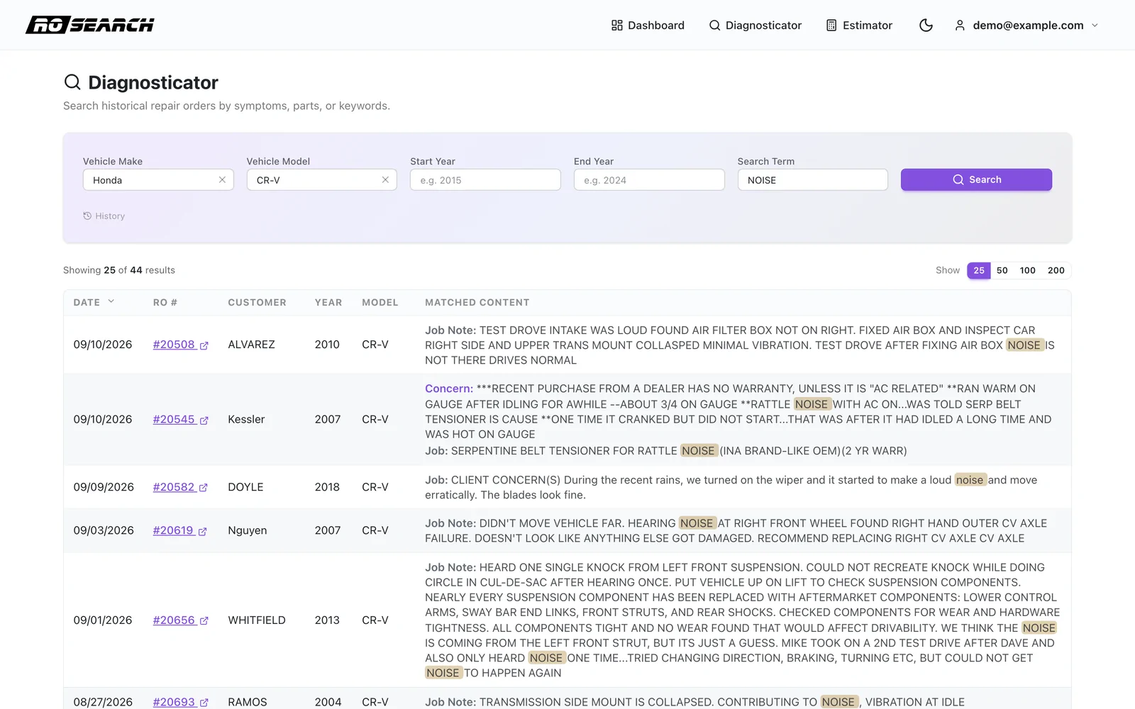 Diagnosticator results listing past Honda CR-V repair orders that mention a noise, with the matching technician notes highlighted
