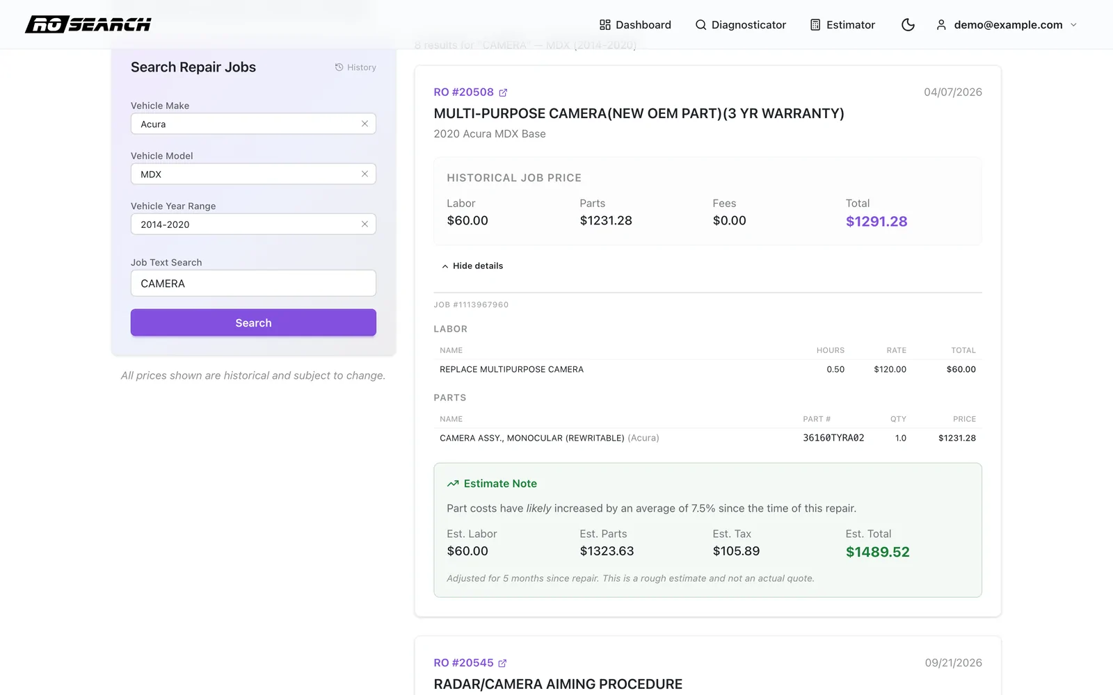 Estimator job details for a multi-purpose camera on a 2020 Acura MDX: half an hour of labor, the camera part at $1,231.28, and a projected total of $1,489.52